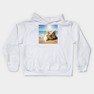 Cat chilling at the beach. Art Cat Kids Hoodie